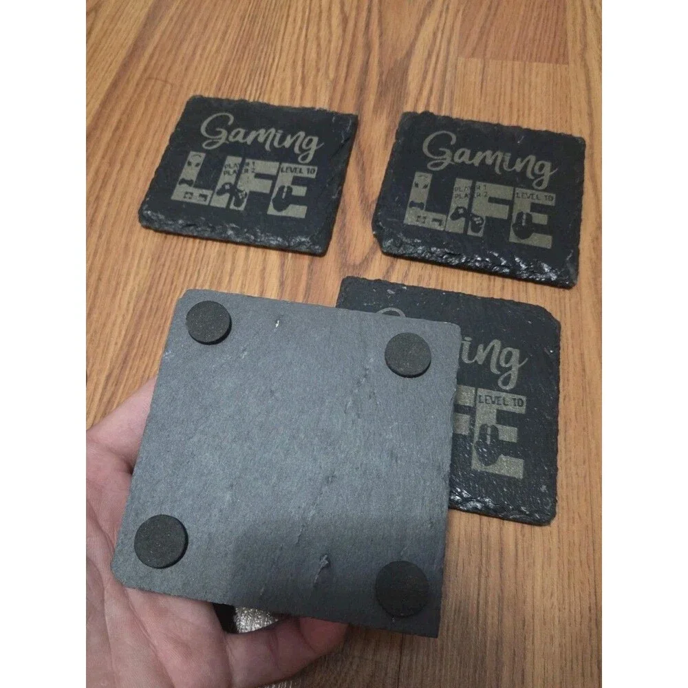 4 Pc Gaming Life Slate Coasters Engraved Gamer Player 1 Player 2 Level 10